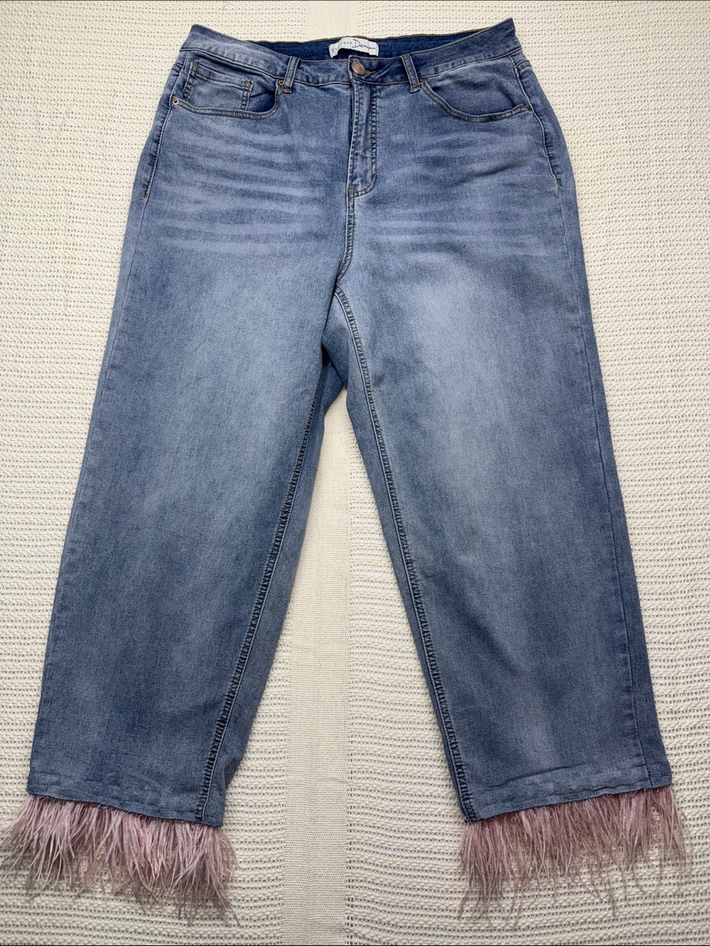 Women's Light Blue Jeans with removable Pink Feather Hem